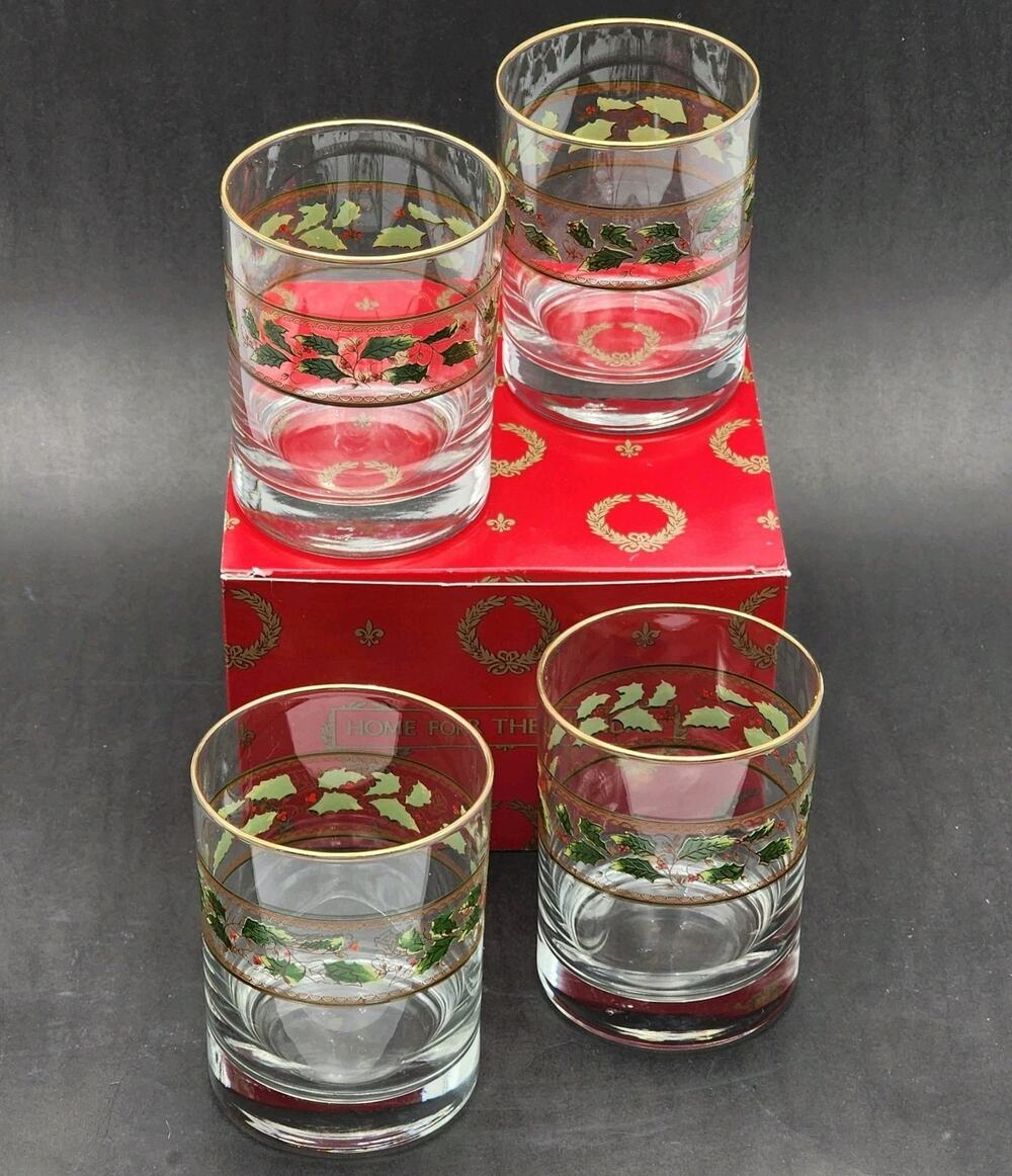 Royal Limited Holly Holiday Double Old Fashioned Glasses Set Of 4 Original Box